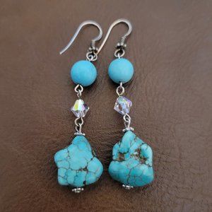 Raw Turquoise Stone Sterling Silver Earrings with Aurora Borealis Crystal
